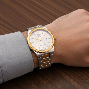 GENOA - Japanisches Uhrwerk, Wei&szlig;es Sonnenschliff-Zifferblatt mit Balkenindexen, Reiner Edelstahl mit Faltschlie&szlig;e, Bicolor, 20 cm