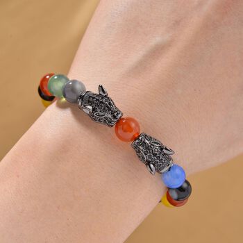 Mehrfarbiger Achat, Schwarzer Zirkonia Armband, Flexibles, Messing Schwarzes Rhodium