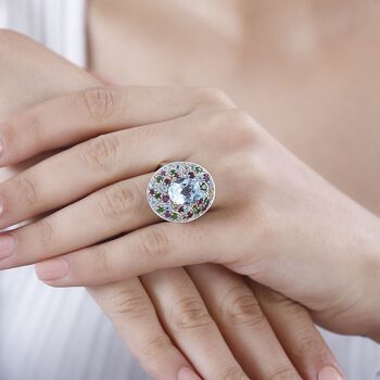 Himmelblauer Topas, Nat&uuml;rlicher Rhodolith Granat Ring 925 Silber rhodiniert (Gr&ouml;&szlig;e 21.00) ca. 5.89 ct