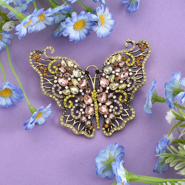 Mehrfarbiger Kristall Schmetterling Brosche Antikes Gold image number 2