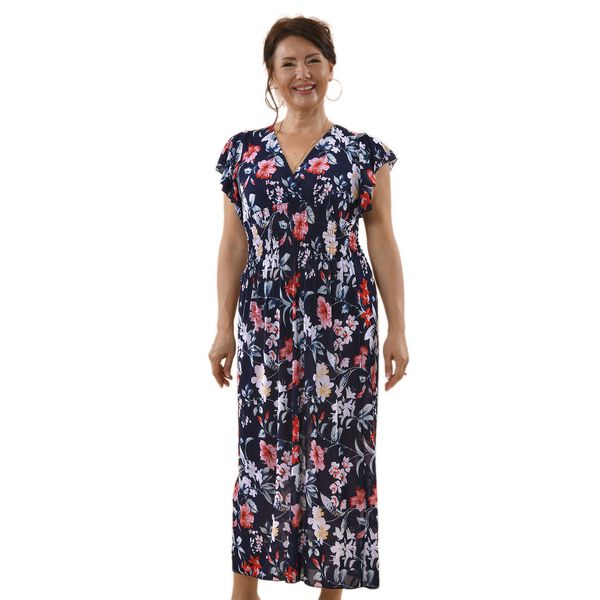 TAMSY - Maxi Kleid mit gesmokter Taille und Flatter&auml;rmel, One Size, blau image number 0