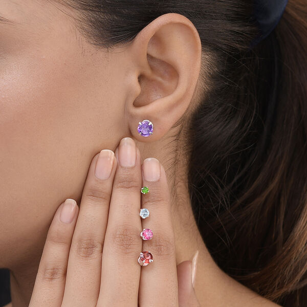 5er-Set, afrikanische Amethyst, nat&uuml;rliche Chromdiopsid, rosa Topas, blaue Zirkon und rote Granat-Ohrstecker - 6,62 ct. image number 2