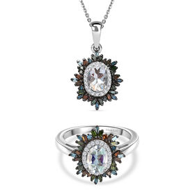 D'Joy AAA Premium Malagasy Mondstein und mehrfarbiger Diamant Ring und Anhänger mit 50cm Kette