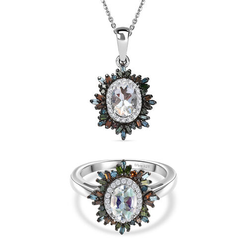 D'Joy AAA Premium Malagasy Mondstein und mehrfarbiger Diamant Ring und Anhänger mit 50cm Kette image number 0