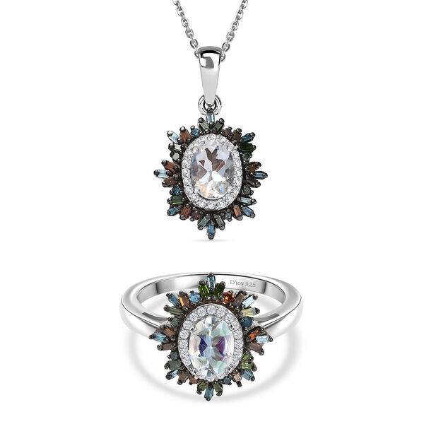 D'Joy AAA Premium Malagasy Mondstein und mehrfarbiger Diamant Ring und Anh&auml;nger mit 50cm Kette image number 0