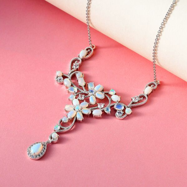 Nat&uuml;rliches, &auml;thiopisches Welo Opal und wei&szlig;es Zirkon-Collier, ca. 45 cm, 925 Silber platiniert ca. 5.91 ct image number 3