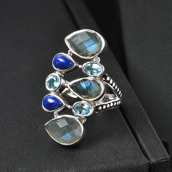 Sajen Silber - Labradorit, Blauer Quarz, Lapislazuli Ring 925 Silber rhodiniert (Gr&ouml;&szlig;e 18.00) ca. 8.59 ct