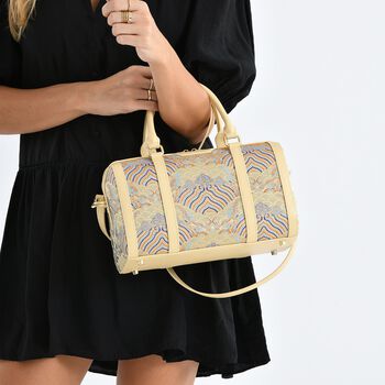 LA MAREY Brokat Crossbody Tasche aus Seide und Echtleder, 30x18x15cm, Beige