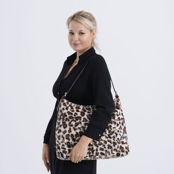 Leopardenmuster-Fellimitat-Tasche, 46x11x35 cm, Braun-Beige