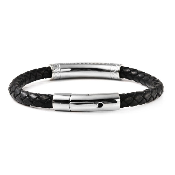 Schwarzer simulierter Diamant und Leder Herren Armband ca. 20 cm lange Edelstahl image number 4