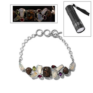 Handgearbeitetes, natürliches Yooperlith, Welo Opal und mehrfarbiges Edelstein-Armband, ca. 19 cm, 925 Silber ca. 19,90 ct