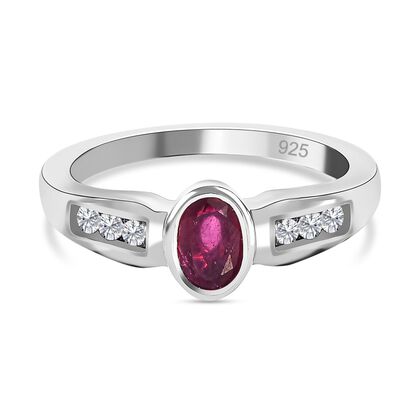Afrikanischer Rubin (Fissure gefüllt), weißer Zirkon Ring, 925 Silber platiniert (Größe 18.00) ca. 0.91 ct