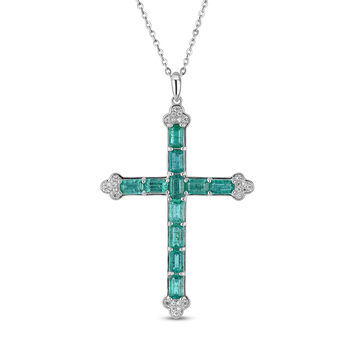 AAA Kagem sambischer Smaragd und Zirkon Kreuz-Anh&auml;nger mit kette, 925 Silber rhodiniert ca. 3,17 ct