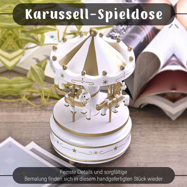 4-Pferde Holz Karussell Spieluhr, Gr&ouml;&szlig;e 18x10 cm, Wei&szlig; image number 1