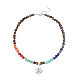 2er Set - Sonnensymbol Anh&auml;nger Set mit Mehrfarbigen und Tigerauge Edelsteinperlen Chakra Halskette und Armband