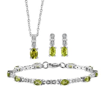 3er Set, nat&uuml;rliche Peridot Ohrringe, Armband, Anh&auml;nger mit Kette, Edelstahl, ca. 7.03 ct