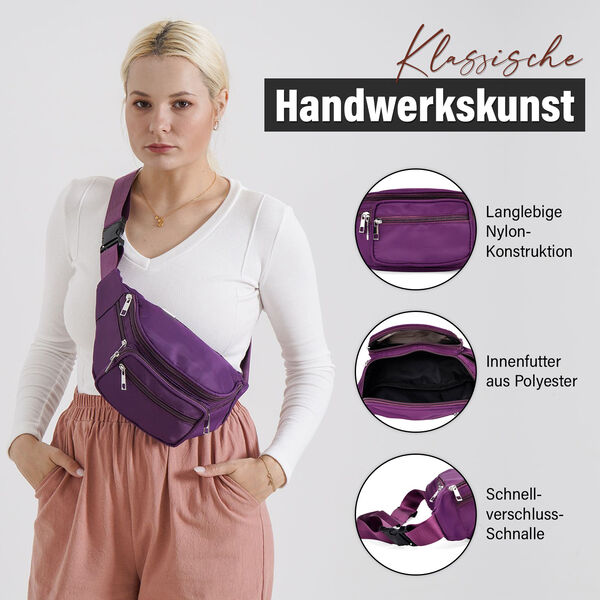 Nylon-G&uuml;rteltasche mit RFID-Schutz, 37x10x13,5cm, Lila image number 3