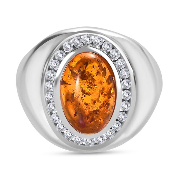 Natürlicher baltischer Bernstein, Weißer Zirkon Ring 925 Silber rhodiniert (Größe 17.00) ca. 1.71 ct image number 0