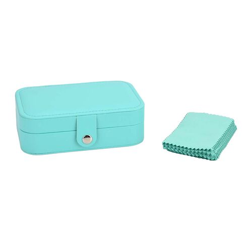 "1 Jewelry box + 10 pcs Silver polish cloth  PU Jewelry Organizer with button Closure  (6.75""x 4.5""x2"") , (Hold Upto 5 Hooks, 10 Pairs of Ear Nails, 6 Rings Slot, 20 Earrings Hole) Color:Blue image number 1
