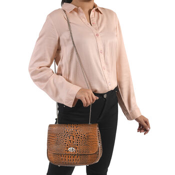 Umh&auml;ngetasche aus echtem Leder mit Kroko-Pr&auml;gung und Kettenriemen, Braun