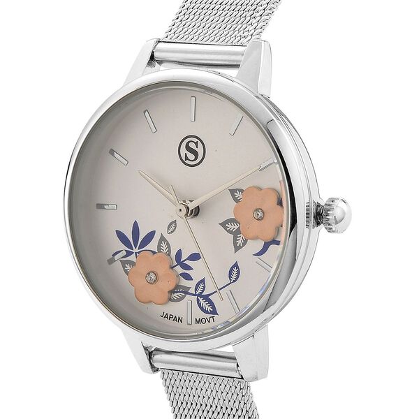 STRADA Uhr mit Japanischem PC21S Werk, Edelstahl-Mesharmband Silberfarben, florales Zifferblatt Weiß mit Weißem Kristall image number 3