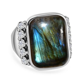 Labradorit, Wei&szlig;er Zirkon Ring, Edelstahl (Gr&ouml;&szlig;e 21.00) ca. 14.70 ct