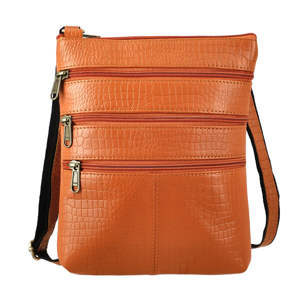 Echtleder Crossbody Tasche mit Kroko-Pr&auml;gung, Cognac