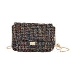 Schultertasche aus 100% echtem Leder mit Boucle Stoff verstellbares Metallriehmen, 24x14x8 cm, Schwarz