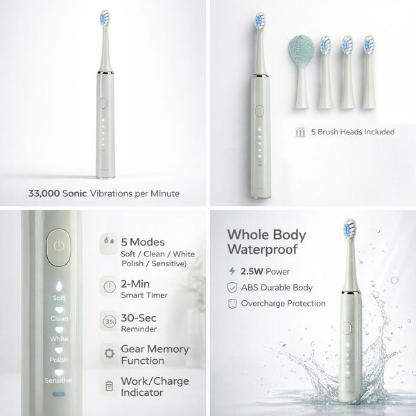 LIVMORE Sonic elektrische Zahnb&uuml;rste mit 3 Zahnb&uuml;rstenk&ouml;pfen und 1 Silikon-Zungenb&uuml;rstenkopf, 24,5x2,5cm, Gr&uuml;n image number 3