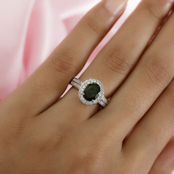 Nat&uuml;rlicher Chromdiopsid und Zirkon Ring 925 Silber platiniert  ca. 2,25 ct