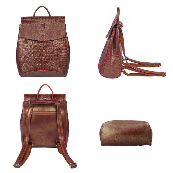 Rucksack aus 100% echtem Leder mit Kroko-Pr&auml;gung, Braun image number 4