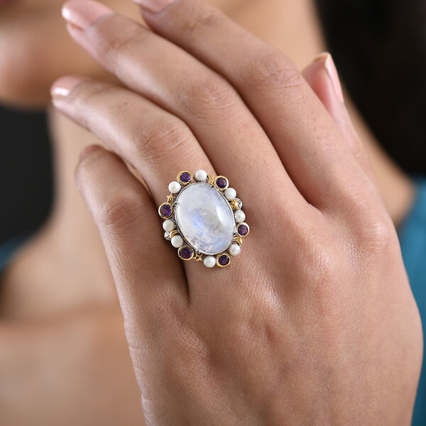 GP - Regenbogen Mondstein, S&uuml;&szlig;wasser Perle (3mm) Ring 925 Silber Rhodiniert und 750 Gelbgold Vermeil (Gr&ouml;&szlig;e 20.00) image number 3