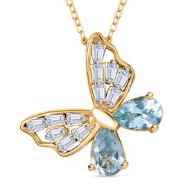 GP Trionfo Kollektion - Himmelblauer Topas, Moissanit Schmetterling Anhänger mit Kette, 925 Silber 750 Gelbgold Vermeil ca. 1.77 ct