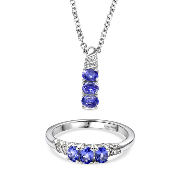 EVER TRUE 2er Set Tansanit Anh&auml;nger mit Kette und Ring, Edelstahl, ca. 50 cm (Gr&ouml;&szlig;e 17.00) ca. 1.12 ct