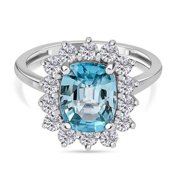 AAA Ratanakiri blauer und wei&szlig;er Zirkon Halo-Ring, 375 Wei&szlig;gold (Gr&ouml;&szlig;e 17.00) ca. 3,33 ct