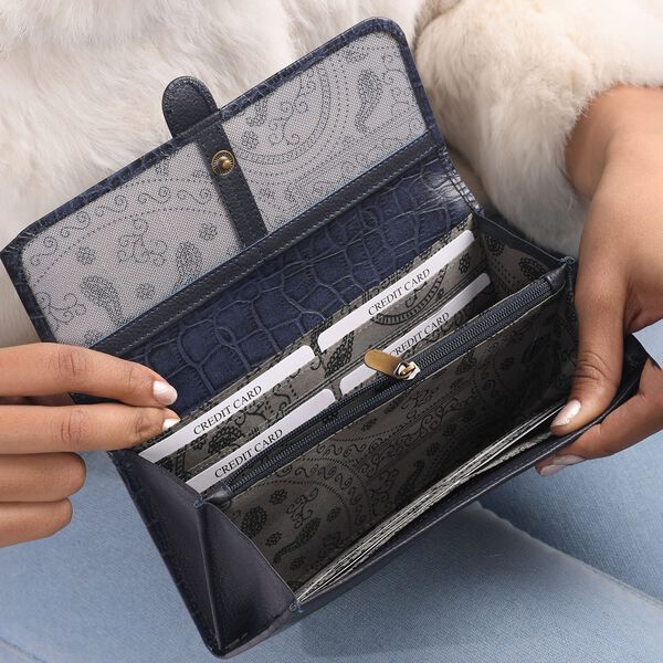 Echtleder Portemonnaie mit Krokoprägung und RFID-Schutz, 19,5x11,45 cm, marine image number 5