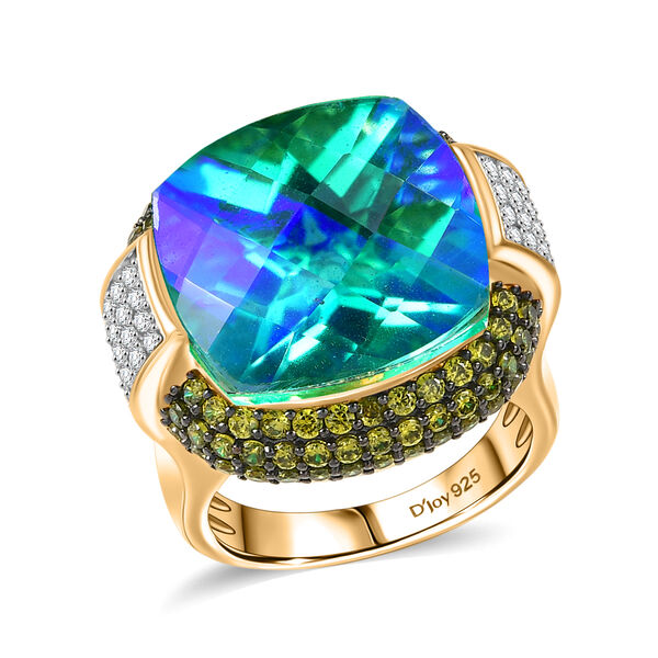 D'Joy Pfau Quarz Triplette, Gr&uuml;ner Zirkonia Ring 925 Silber 750 Gelbgold Vermeil (Gr&ouml;&szlig;e 20.00) image number 3