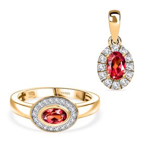 2er Set - D joy Lab Created Padparadscha-Saphir Anhänger und Ring, 925 Silber 750 Gelb vergoldet (Größe 16.00) ca. 2.46 ct