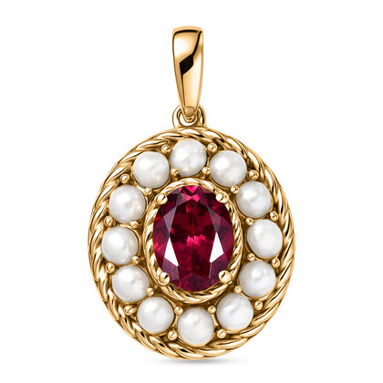 D'Joy AA Nat&uuml;rlicher Rhodolith Granat, S&uuml;&szlig;wasser Perle (2.75mm) Anh&auml;nger 925 Silber 750 Gelb Vergoldet 3.19 ct