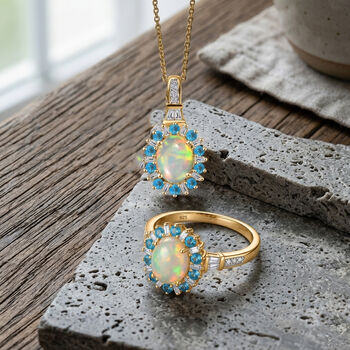 AA &auml;thiopischer Welo Opal Neon Apatit und Moissanit Ring und Anh&auml;nger mit 50cm Kette