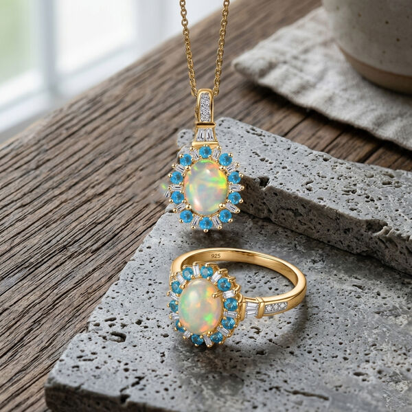 AA &auml;thiopischer Welo Opal Neon Apatit und Moissanit Ring und Anh&auml;nger mit 50cm Kette image number 2