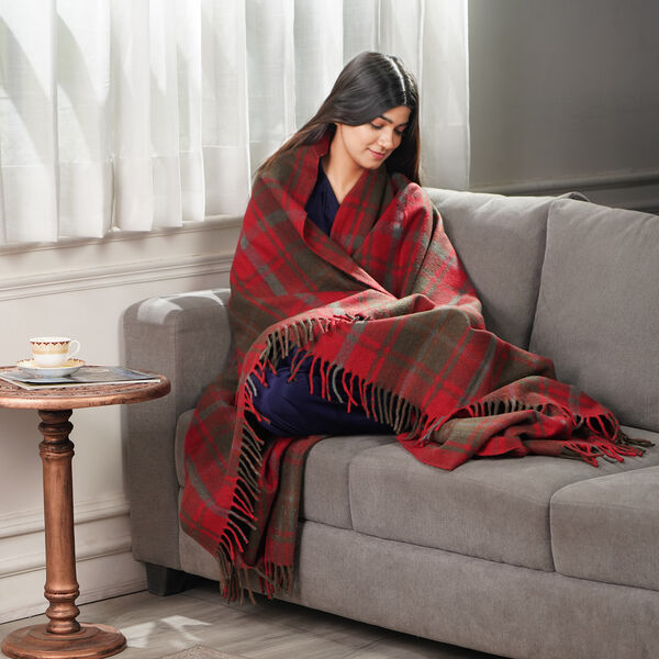 Wolldecke mit Fransen, 130x170, Schottenmuster, Grün/rot image number 2