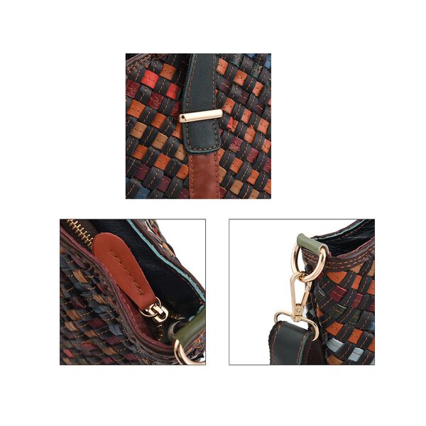 CHAOS BY ELSIE - Umhängetasche aus echtem Leder mit Webmuster, 42x12x32 cm, Karomuster, dunkel image number 5
