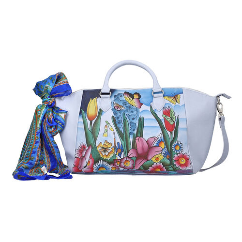 SUKRITI - 100% Leder Schultertasche mit passendem Seiden-Schal, Himmelblau image number 0