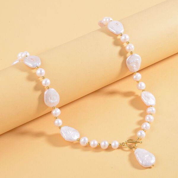 Keshi-Stil Perle, Weiße Süßwasser Perle Halskette, ca. 53.25 cm 925 Silber vergoldet image number 2