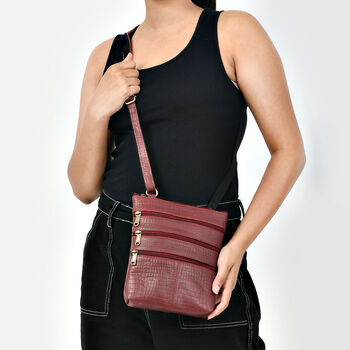 Echtleder Crossbody Tasche mit Kroko Pr&auml;gung, Multi-F&auml;cher, 20 x 24 cm, Kirsch