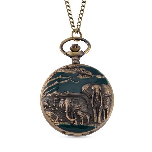 STRADA Antike Bronze Elefantenmuster Taschenuhr, Japanisches Werk, 79 cm antike bronzene Eisenkette