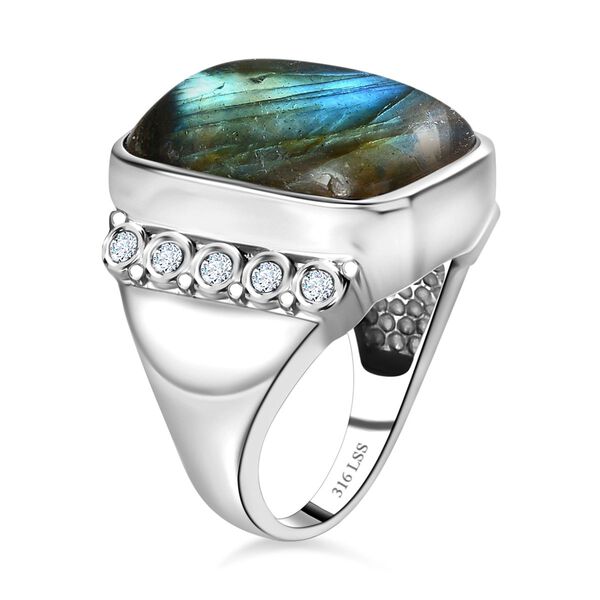 Labradorit, Wei&szlig;er Zirkon Ring, Edelstahl (Gr&ouml;&szlig;e 21.00) ca. 14.70 ct image number 5