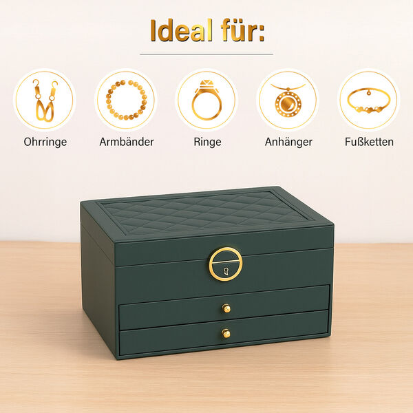 3-lagige Schmuckbox aus PU mit Diamantmuster und 5 Silberputztüchern, Grün image number 4