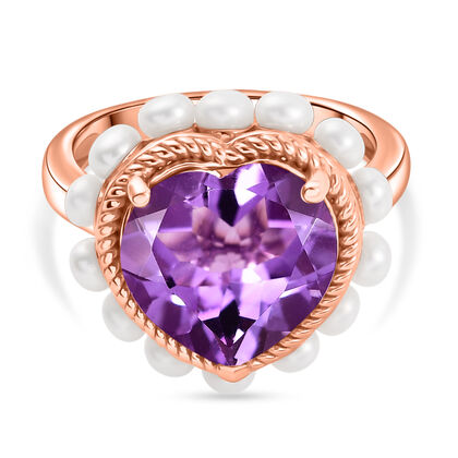D'Joy - Herzbl&uuml;te AAA Rose De France Amethyst, S&uuml;&szlig;wasser Perle (3mm) Ring 925 Silber 750 Ros&eacute;gold Vermeil (Gr&ouml;&szlig;e 20.00) 7.37 ct